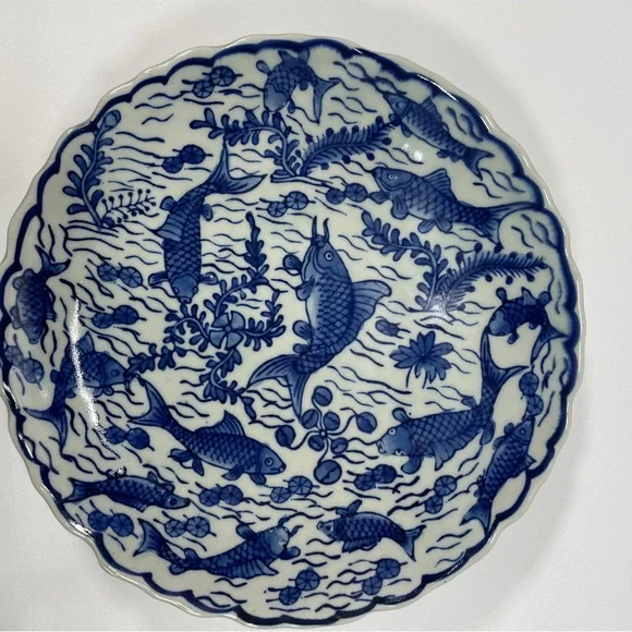 Vintage Collectible Blue and White Chinoiseie Koi Fish Pedestal Dish - Picture 3 of 4